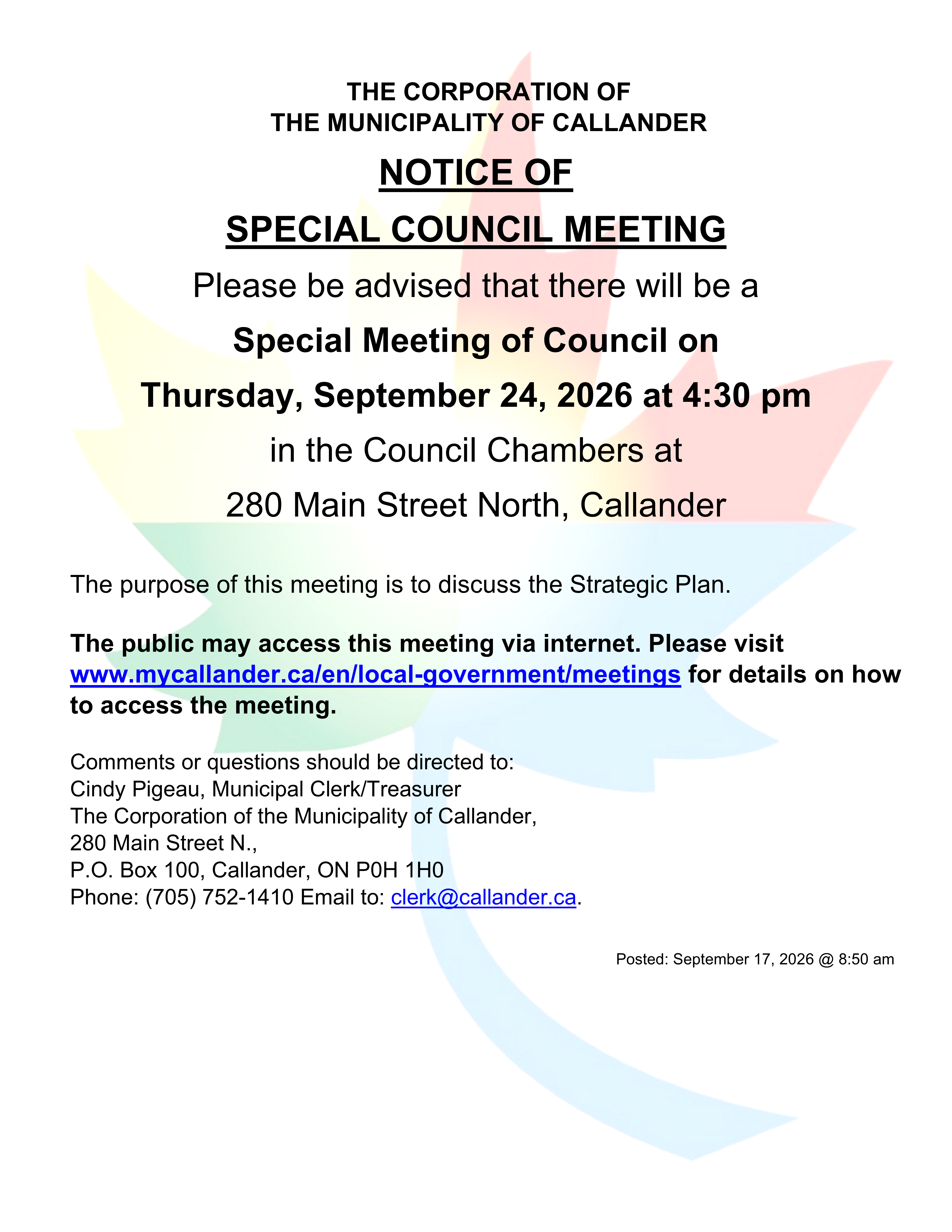 Notice of Special Council Meeting
